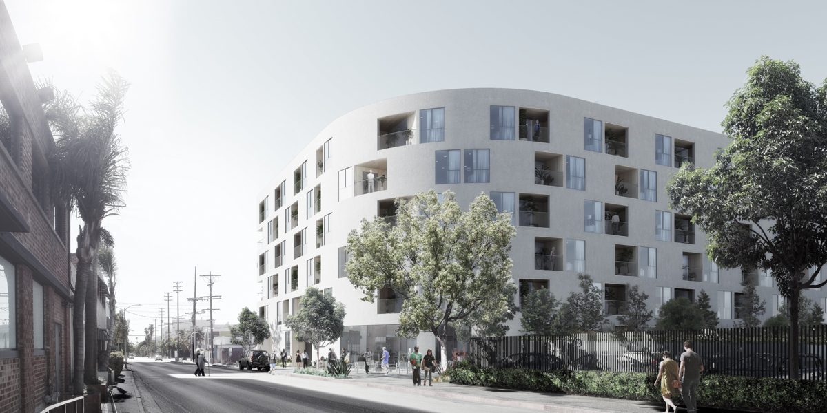Rendering of a low-slung, curved residential building