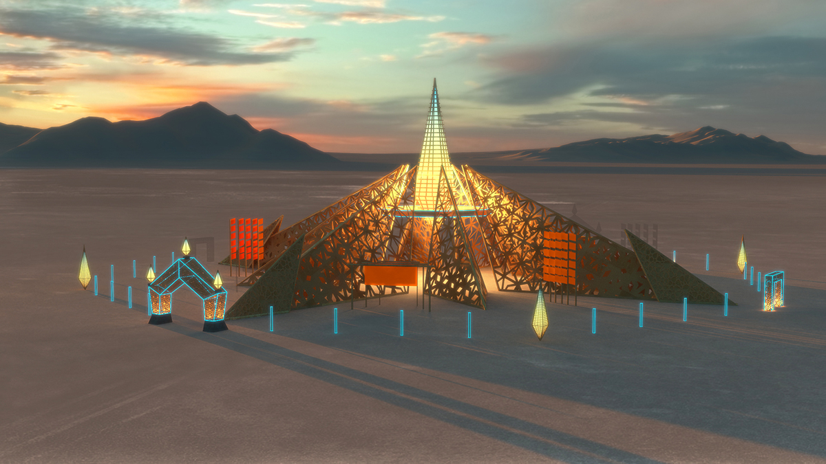 A render of a pointed temple in a desert with wooden canopies that feature cutaway patterns.