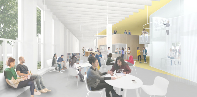 Interior rendering of a library space with tables and students lounging