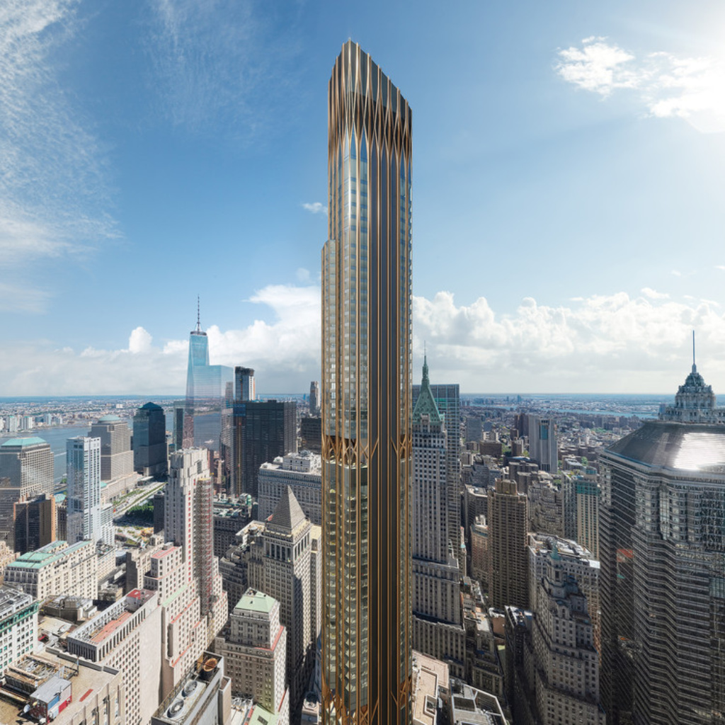 Rendering of 45 Broad Street, a glass tower covered in a bronze facade