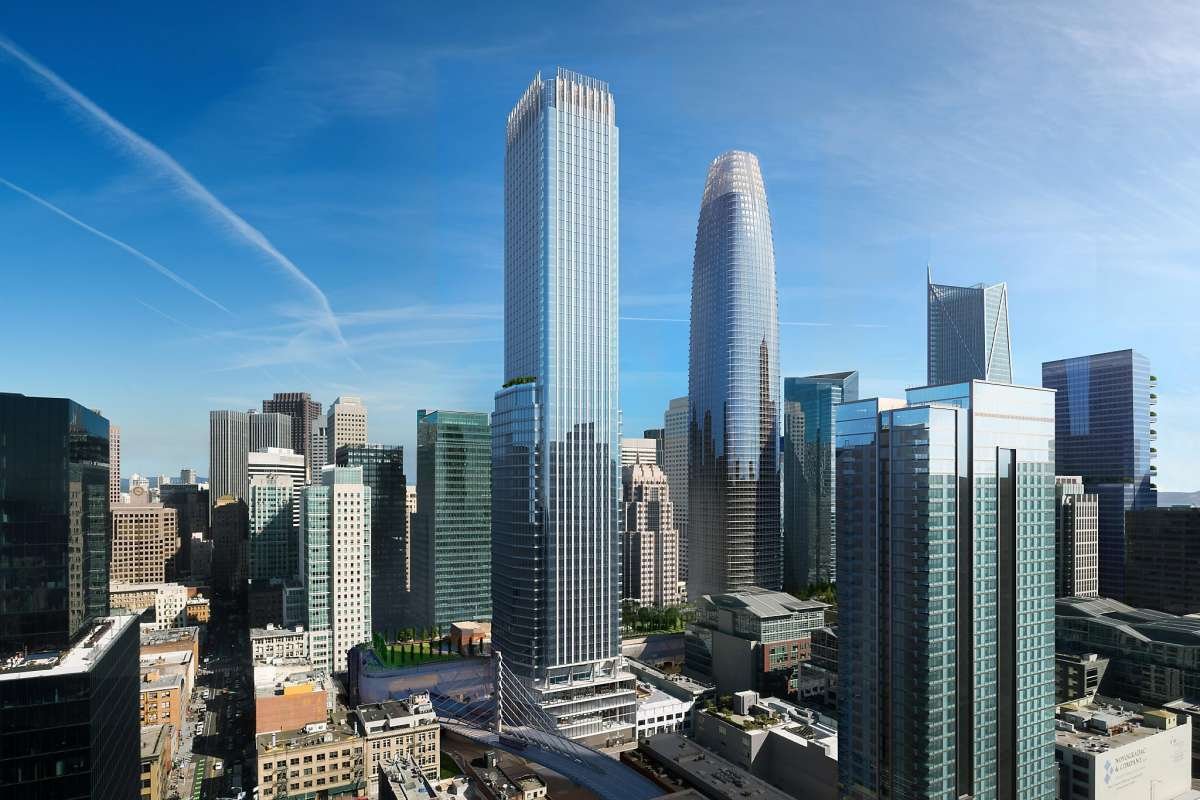 Rendering of a boxy tower on the San Francisco skyline