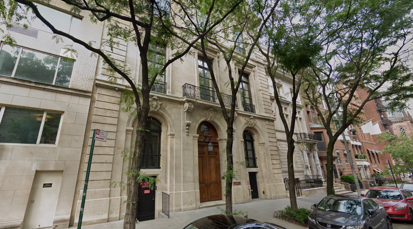 Street view of Upper East Side Townhouse with gilded exterior ornamentation which belonged to Jeffrey Epstein