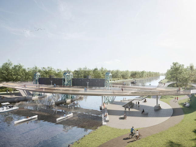 Aerial rendering of cycling and walking bridge across canal 
