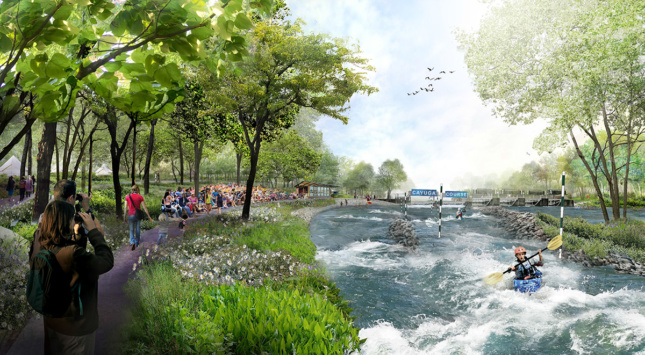 Rendering of kayakers going down white rapids in canal