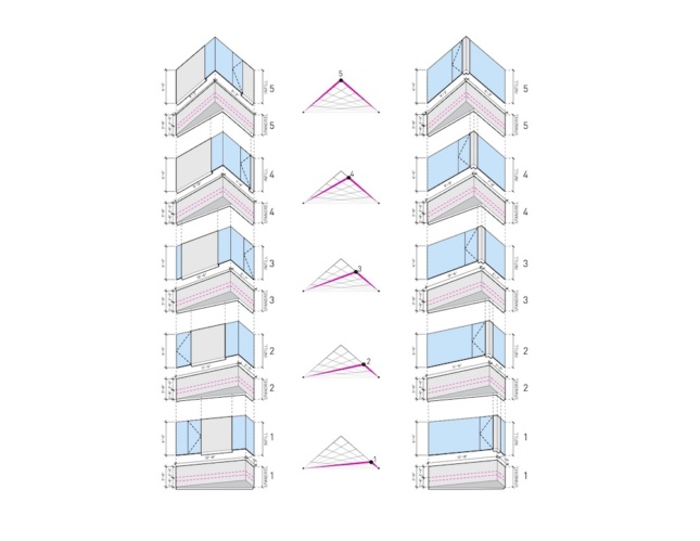 A diagram of the 10 different bay unit types found across the facade