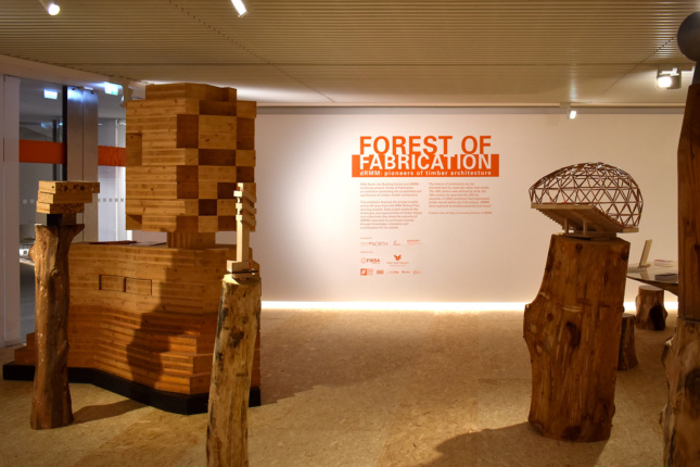 Installation view of timber models