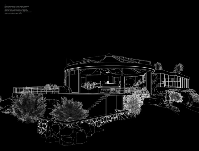 Black-and-white drawing of a modern beach house
