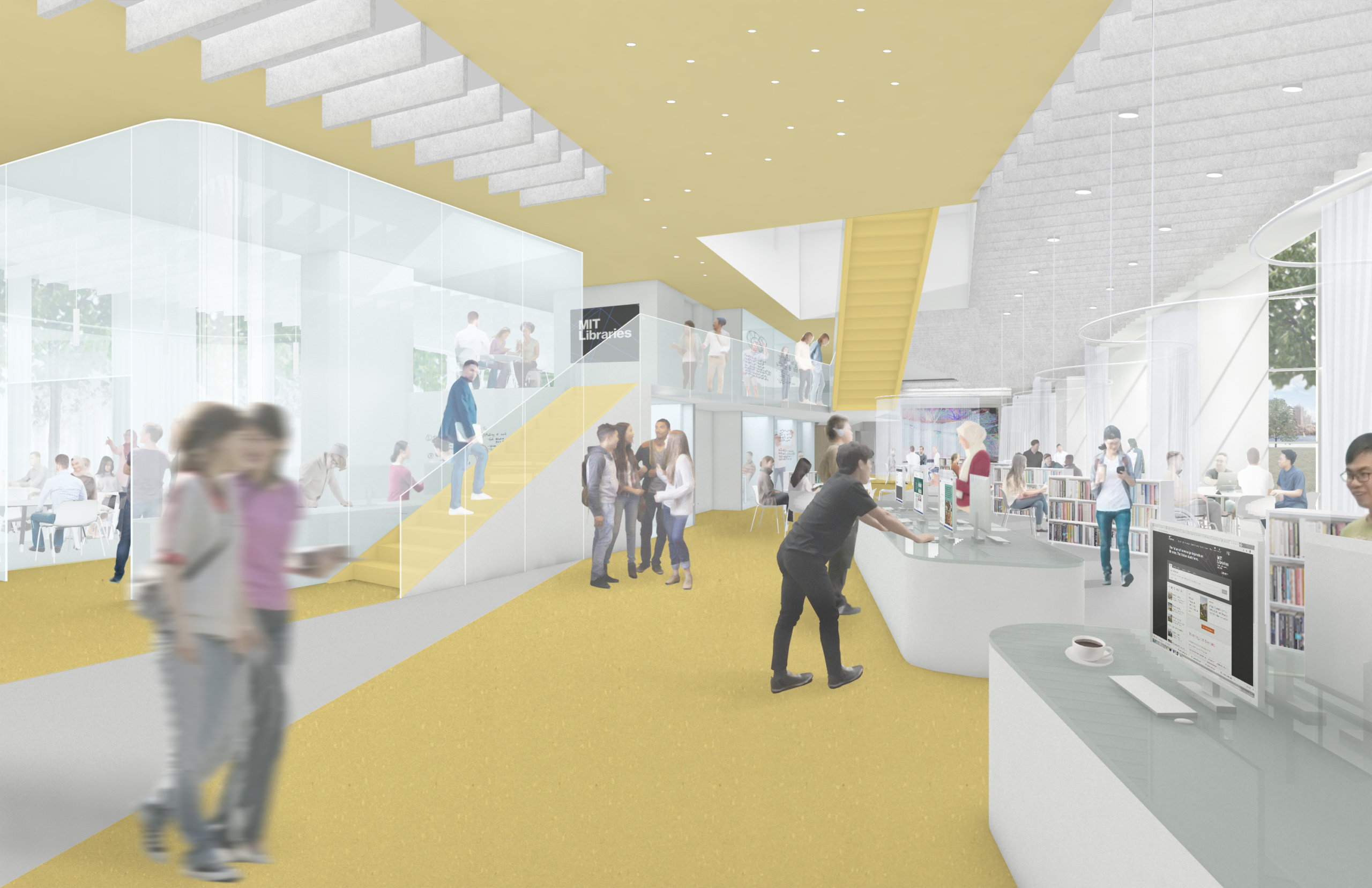 Interior rendering of a yellow library space