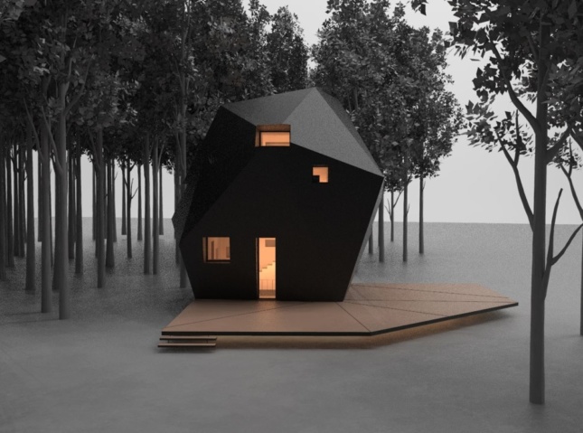 Model of an angular black timber cabin