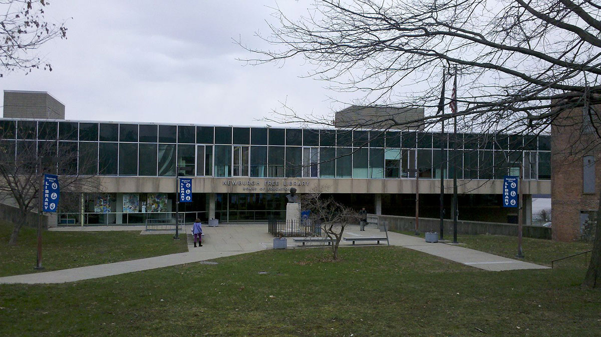 Photograph of brutalist facade of Newburgh Free Library