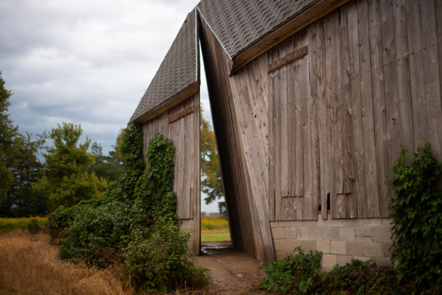 A timber barn with a sliver removed