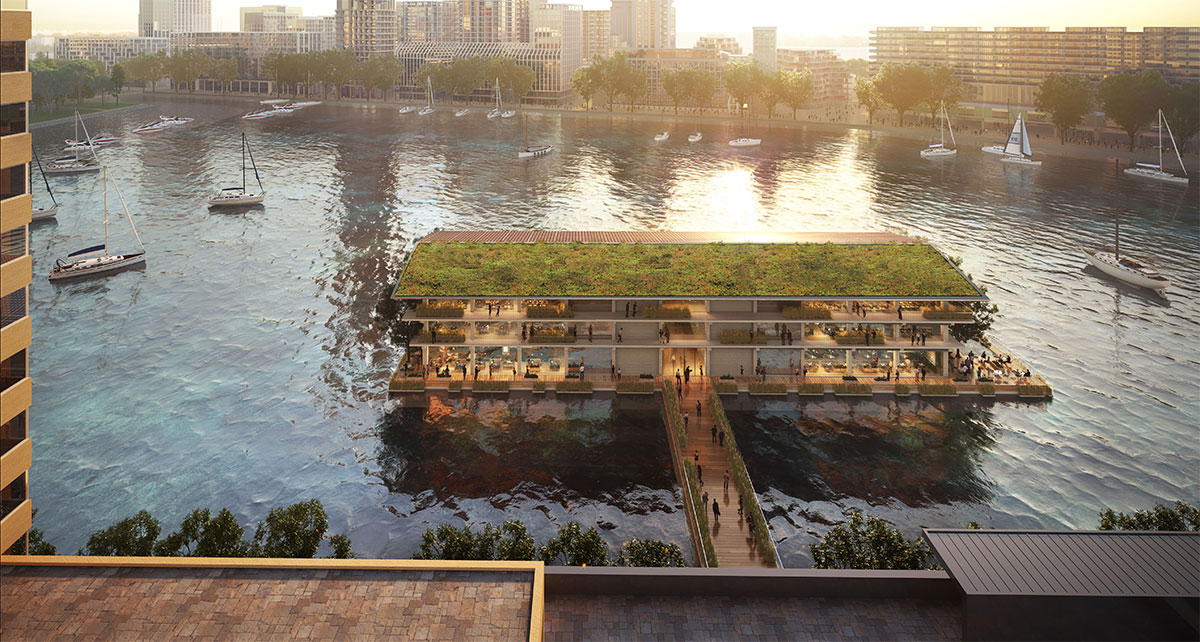 Rendering of three-story timber building accessible by bridge with green roof and solar panels