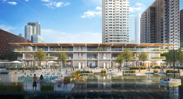Straight-on rendering of building facade with terrace/pool area