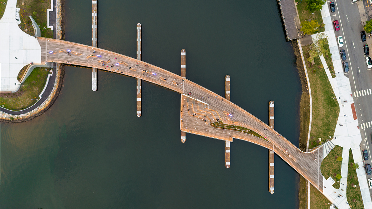 Bird's-eye view of the timber bridge set upon granite piers across the Providence River