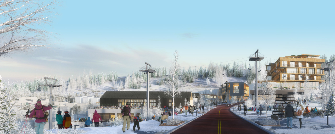 Snowy ski mountain with building renderings and skiers.