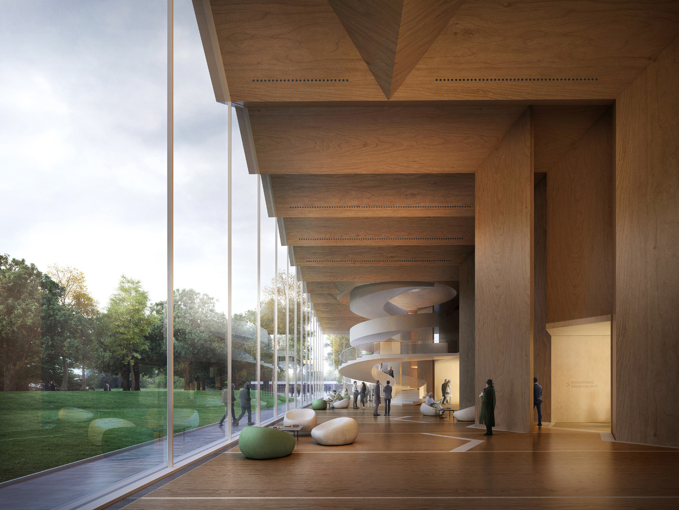 Rendering of a timber concert hall with undulating ceiling