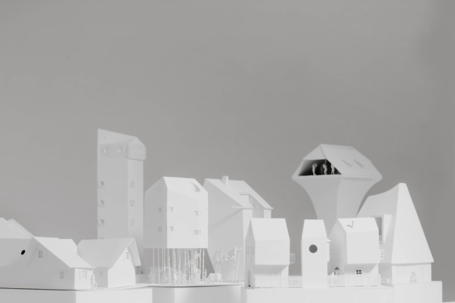 Model of Swiss-inspired white buildings