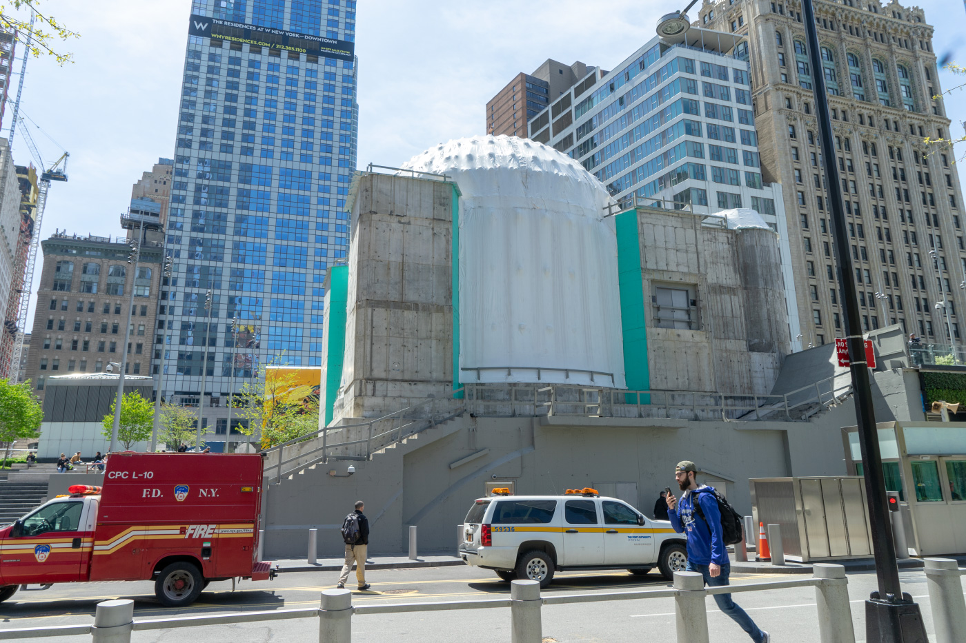 The St. Nicholas Greek Orthodox Church and National Shrine, a round silo between four columns, behind 5 world trade center site