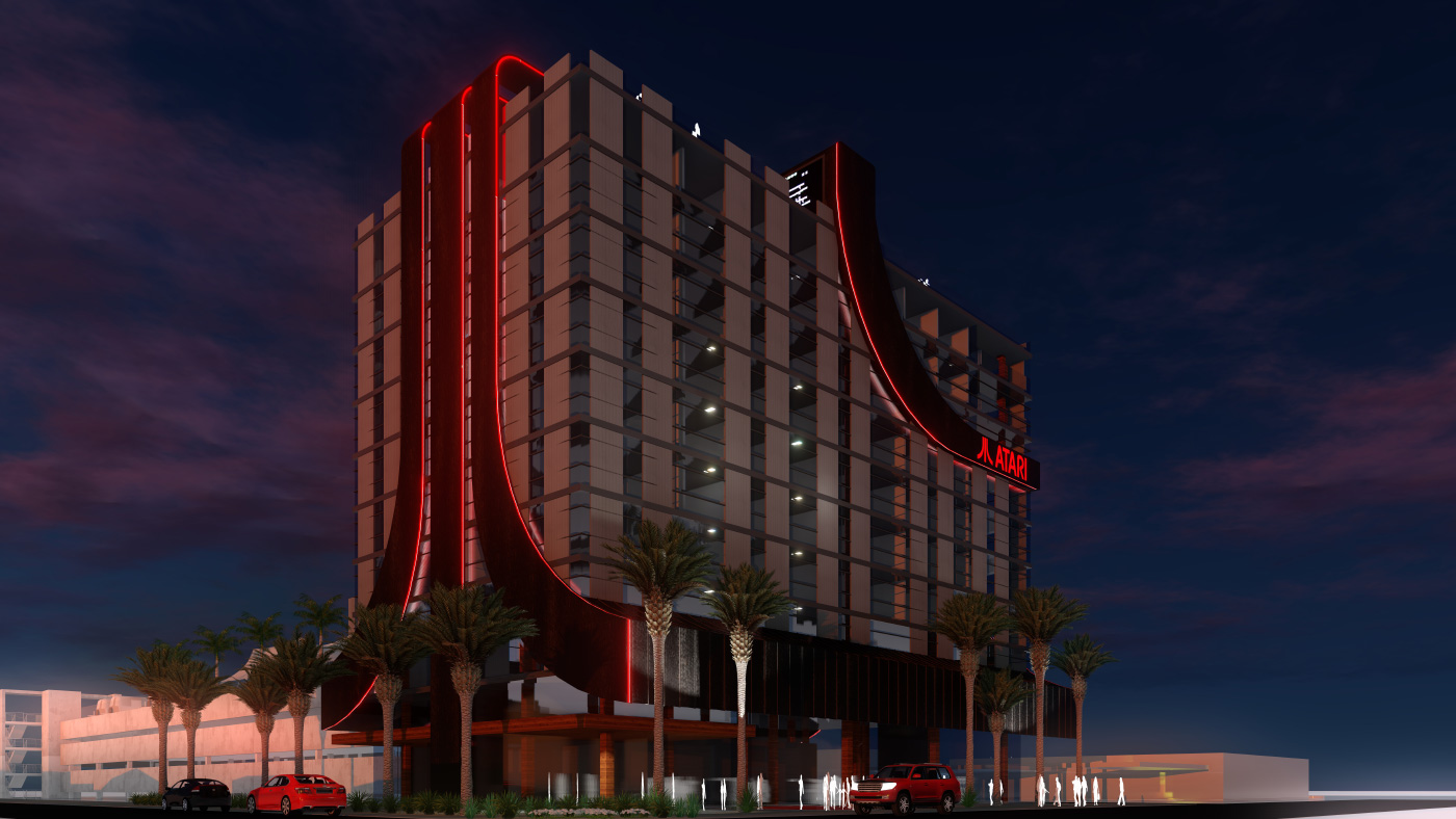 Rendering of a red-lit hotel with the word Atari on the side