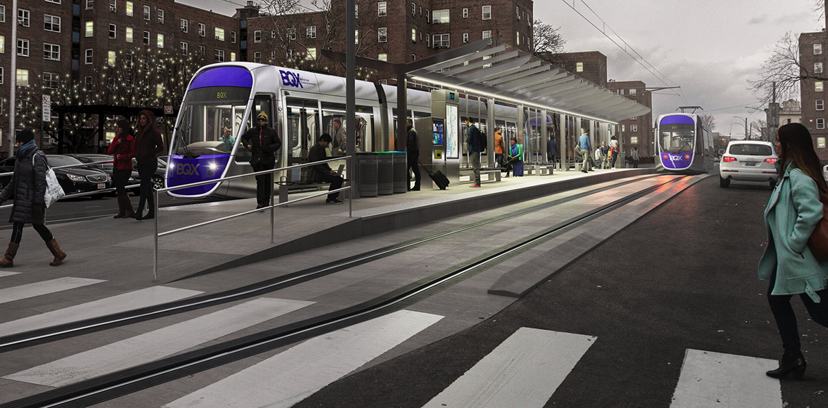 A render of a streetcar waiting at a platform.