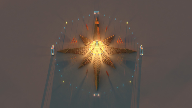 A top-down render of a Burning Man temple arranged as an eight-pointed star, glowing in the center.