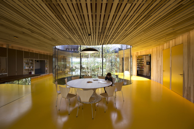 Interior photo of an office with timber ceiling