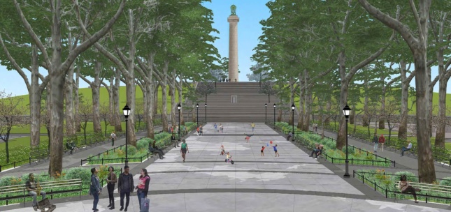 Rendering of Fort Greene Park, with a giant spire in the center