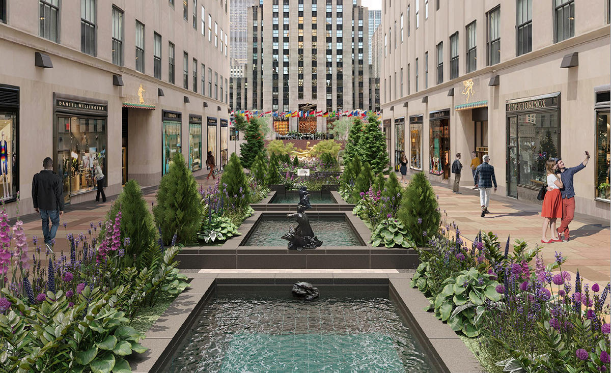 A render of three reflecting pools in a plaza between two towers.