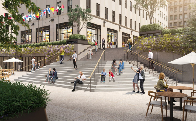 A render of people sitting on an expansive stairwell in Rockefeller Plaza.