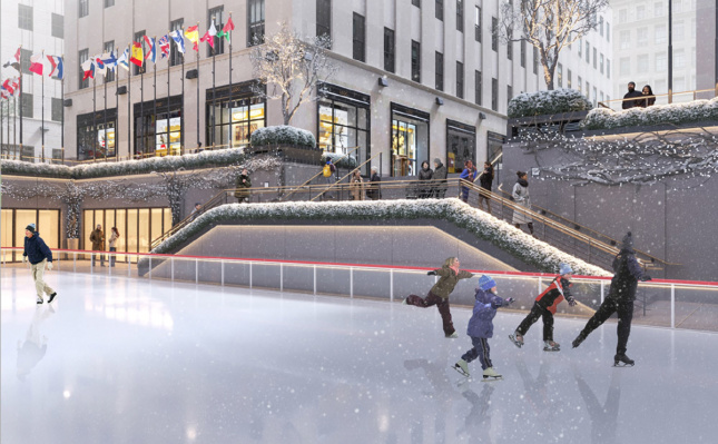 A render of the stairwell abutting the Rockefeller Plaza ice rink.