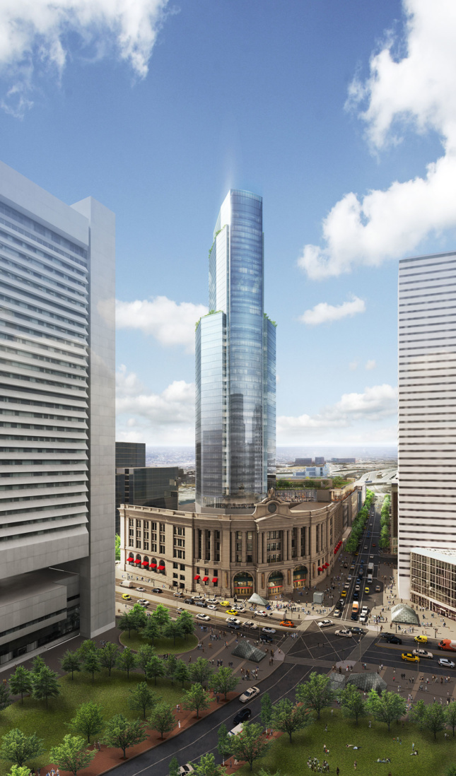 Rendering of a glassy tower growing from South Station