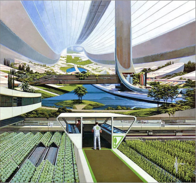 A painting featuring an array of plants and water inside a swooping white space station.