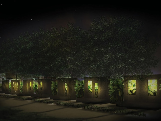 Rendering of street at night lit up with lots of trees around it