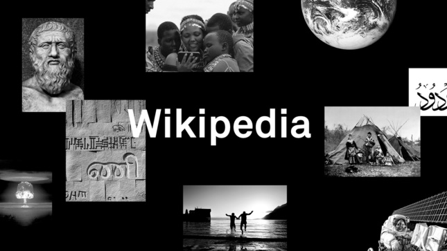 A black background with various historic or significant floating images with "Wikipedia" in white sans-serif text in the center.