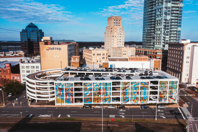 Aerial photo of a parking garage, designed by an Emerging Voices winner