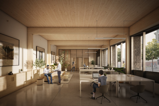working space with natural lighting and exposed cross-laminated timber finishes