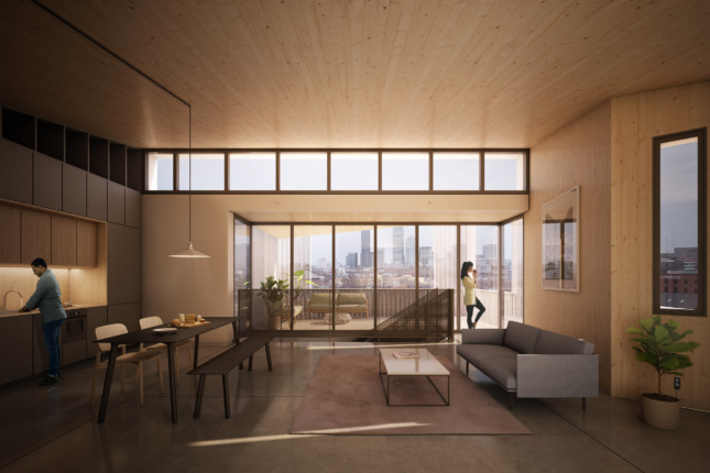 apartment unit with furniture and exposed cross-laminated timber finishes