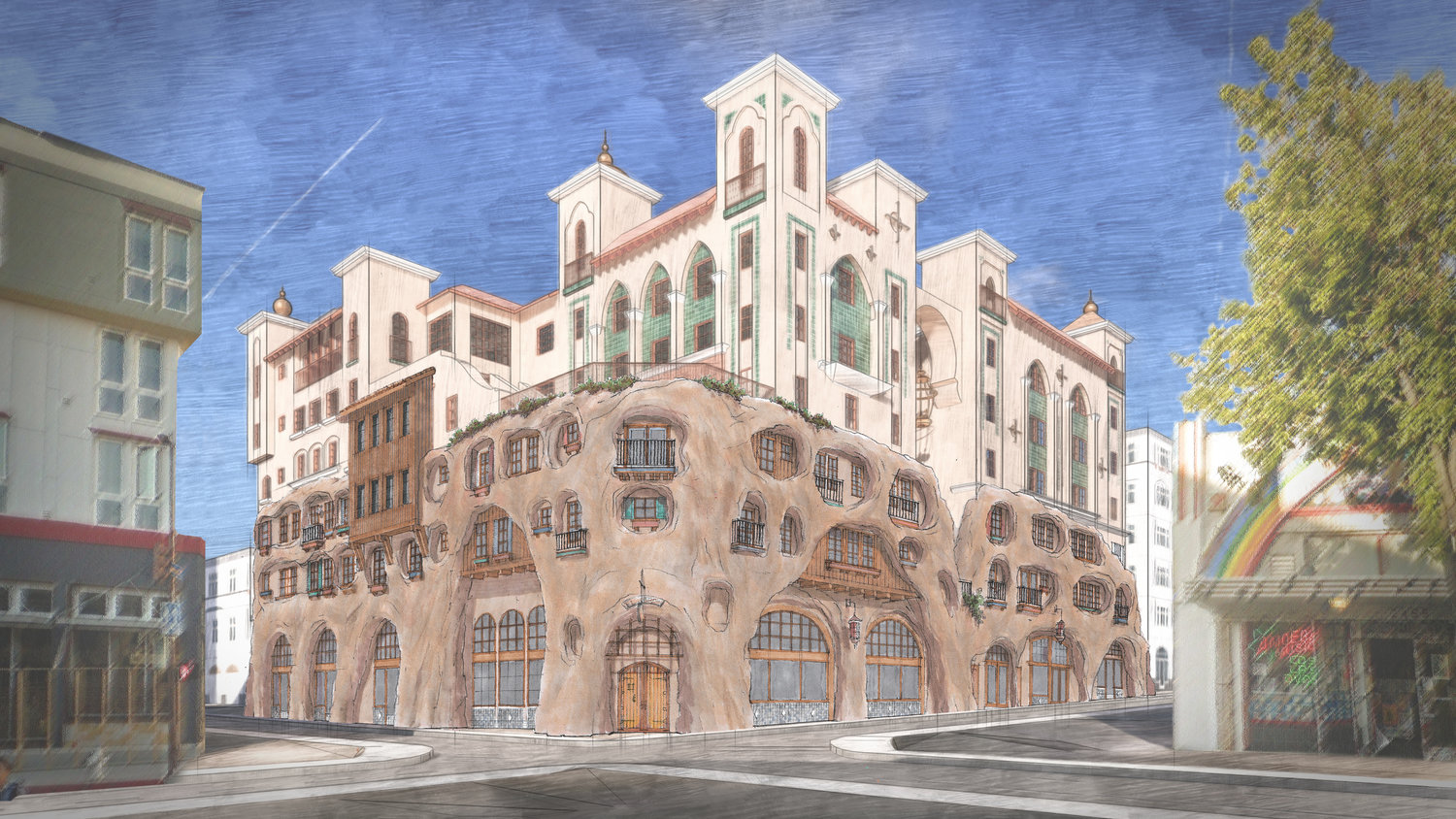Watercolor drawing of the new UC Berkeley dorm building that resembles a villa rising from rocks