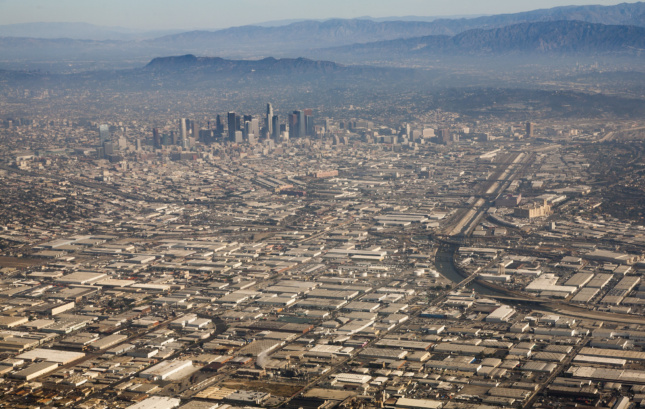 Aerial view of dense downtown L.A.