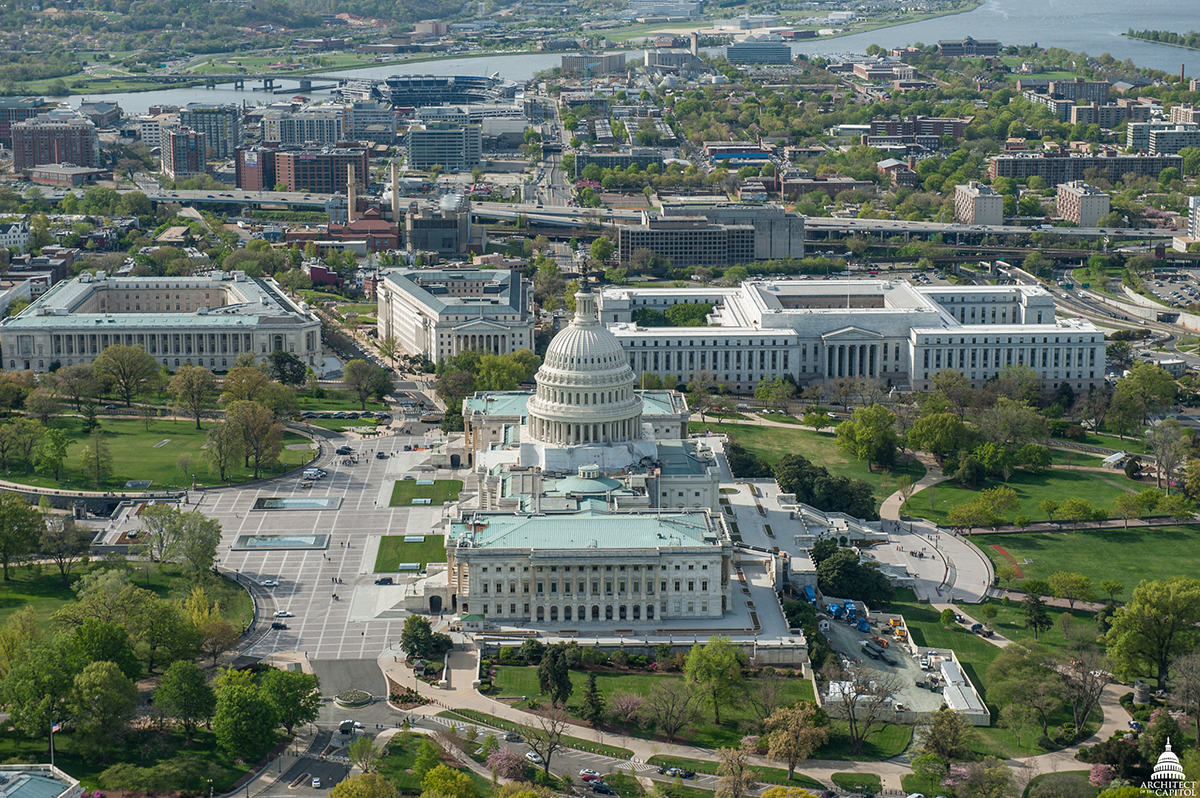 Aerial view of U.S. Capitol and administrative buildings