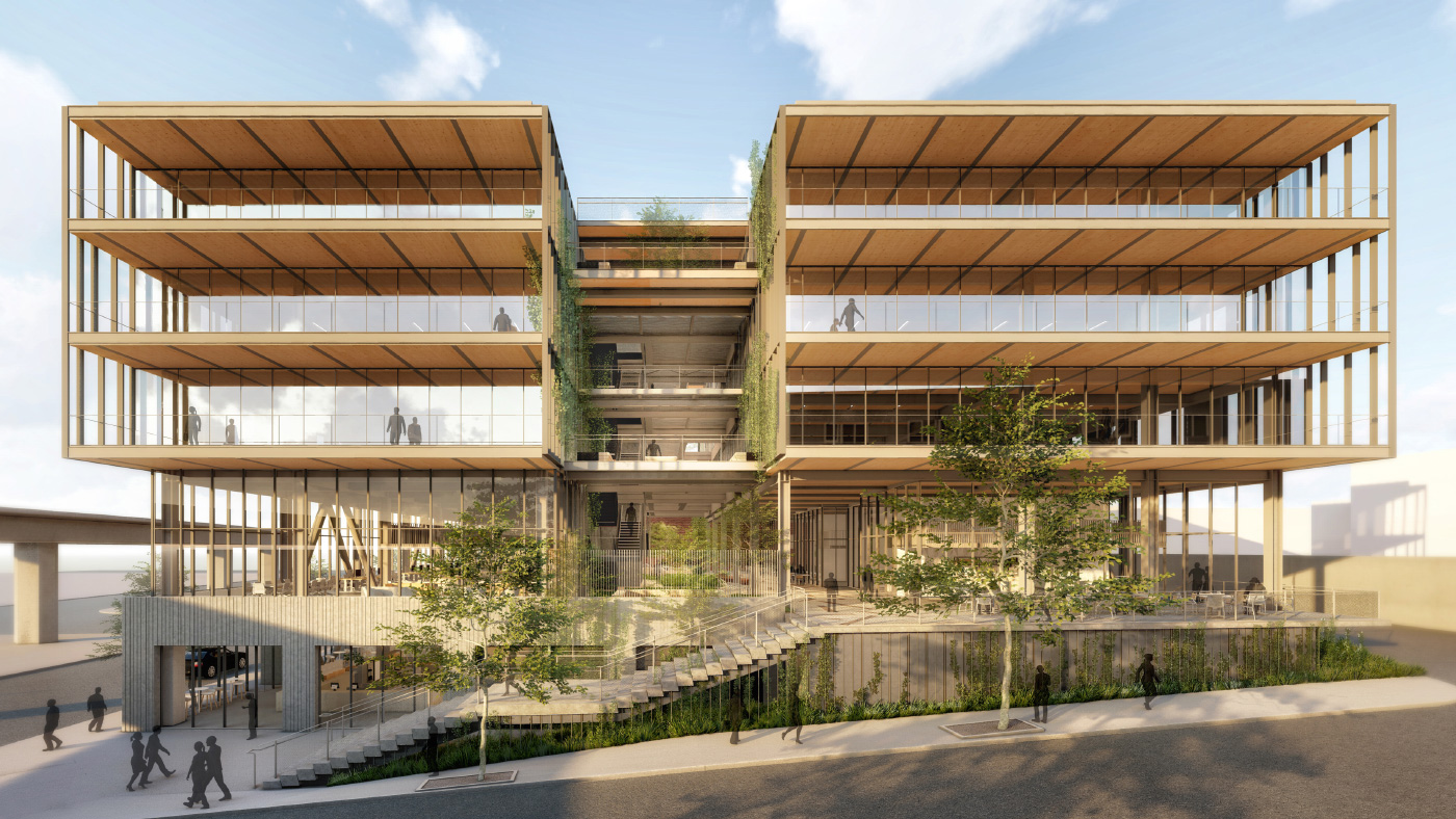 Front-facing rendering of a timber-and-glass office building