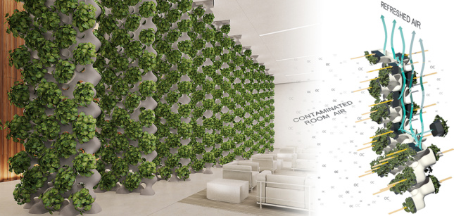 A room with pillars dotted with plants, a diagram positioned at right demonstrating airflow through the plants.