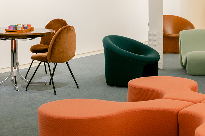 Exhibition view of Color Diaries at Demisch Danant, showing old-style furniture