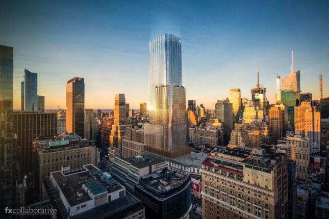 Rendering of NYC skyline at sunset with glass, boxy tower above Macy's department store