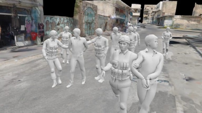 Virtual reality image of policemen escorting people