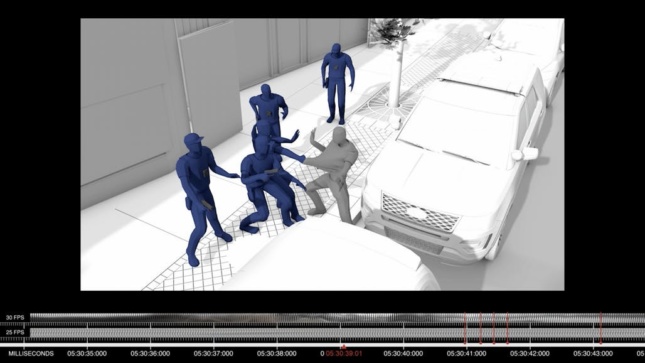 3D rendering of man being detained by policeman near parked cars