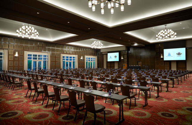 Interior of a Hard Rock Hotel conference room with sprawling coffered ceiling