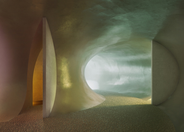 interior of conceptual roadside chapel showing different flowing chambers