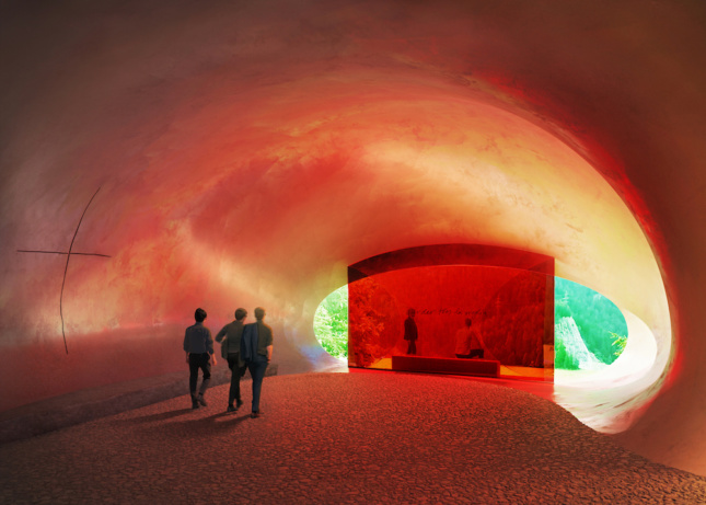 conceptual interior of Swiss roadside chapel showing flowing red curves