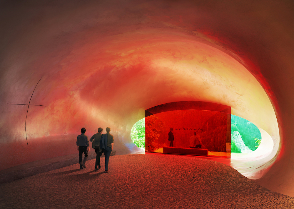 Rendering of a chapel interior bathed in red light
